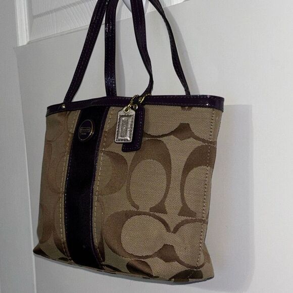 Y2K COACH SIGNATURE C STRIPE TOP HANDLE TOTE F48798 BRASS/KHAKI/PURPLE PURSE BAG - Picture 3 of 12